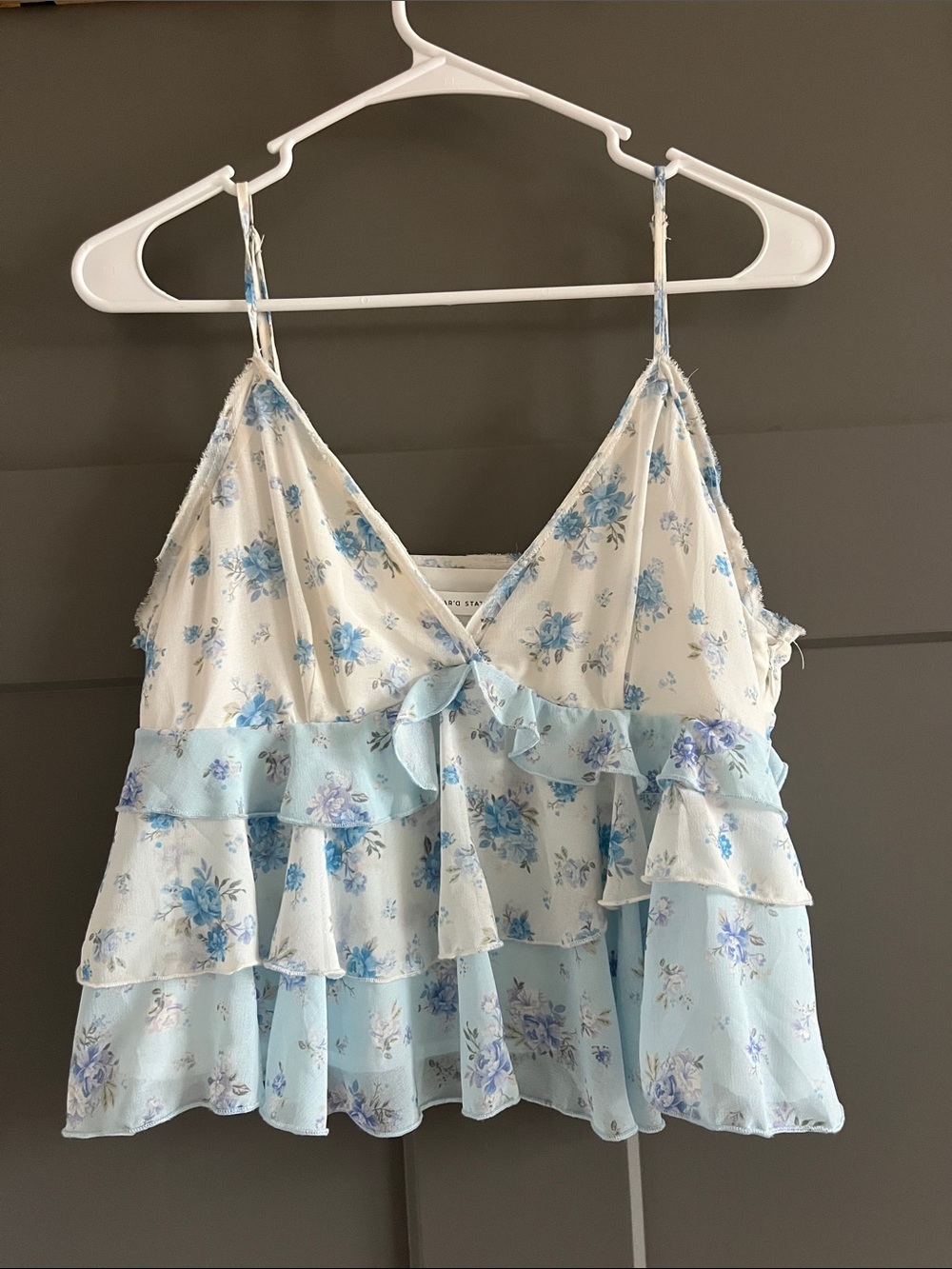 Altar'd State Blue and White Floral Ruffle Tank Top